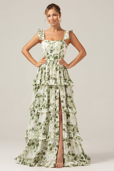 Green floral ruffle dress best sale