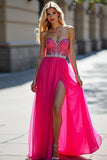 Sweetheart Corset Fuchsia Tulle Long Beaded Prom Dress with Slit