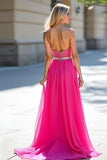 Sweetheart Corset Fuchsia Tulle Long Beaded Prom Dress with Slit