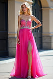 Sweetheart Corset Fuchsia Tulle Long Beaded Prom Dress with Slit