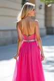 Sweetheart Corset Fuchsia Tulle Long Beaded Prom Dress with Slit