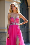 Sweetheart Corset Fuchsia Tulle Long Beaded Prom Dress with Slit