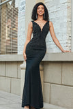 Black Mermaid Deep V Neck Lace Long Prom Dress With Beading