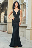 Black Mermaid Deep V Neck Lace Long Prom Dress With Beading