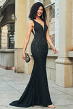 Black Mermaid Deep V Neck Lace Long Prom Dress With Beading