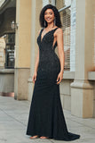 Black Mermaid Deep V Neck Lace Long Prom Dress With Beading