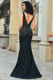 Black Mermaid Deep V Neck Lace Long Prom Dress With Beading