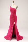 Sparkly Fuchsia Mermaid One Shoulder Long Sequin Prom Dress with Slit