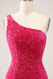 Sparkly Fuchsia Mermaid One Shoulder Long Sequin Prom Dress with Slit