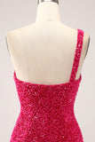 Sparkly Fuchsia Mermaid One Shoulder Long Sequin Prom Dress with Slit