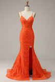 Mermaid Spaghetti Straps Orange Long Prom Dress with Slit Front