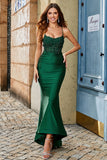 Dark Green Mermaid Halter Neck Long Prom Dress With Appliques Beading