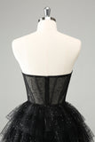 Sparkly A Line Black Sweetheart Tiered Corset Cute Prom Dress