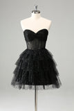 Sparkly Cute A Line Black Sweetheart Tiered Corset Prom Dress