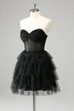 Sparkly Cute A Line Black Sweetheart Tiered Corset Prom Dress