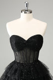 Sparkly A Line Black Sweetheart Tiered Corset Cute Prom Dress