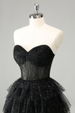 Sparkly A Line Black Sweetheart Tiered Corset Cute Prom Dress