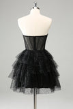 Sparkly Cute A Line Black Sweetheart Tiered Corset Prom Dress