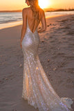 Sparkly Silver Spaghetti Straps Mermaid Sequined Formal Dress