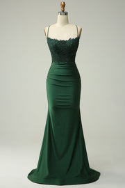 Dark Green Mermaid Halter Neck Long Prom Dress With Appliques Beading