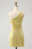 Stylish Yellow Bodycon One Shoulder Short Prom Dress with Hollow Out