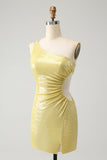 Stylish Yellow Bodycon One Shoulder Short Prom Dress with Hollow Out