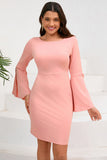 Bodycon Pink Round Neck Midi Cocktail Dress with Trumpet Sleeves