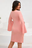 Bodycon Pink Round Neck Midi Cocktail Dress with Trumpet Sleeves