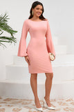 Bodycon Pink Round Neck Midi Cocktail Dress with Trumpet Sleeves