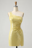 Stylish Yellow Bodycon One Shoulder Short Prom Dress with Hollow Out