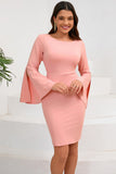 Bodycon Pink Round Neck Midi Cocktail Dress with Trumpet Sleeves