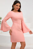 Bodycon Pink Round Neck Midi Cocktail Dress with Trumpet Sleeves