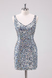 Sparkly Silver Bodycon V-Neck Short Prom Dress with Sequins