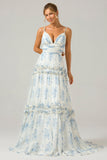 White Blue Flower A Line Backless Tulle Pleated Spaghetti Straps Long Bridesmaid Dress