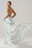 White Blue Flower A Line Backless Tulle Pleated Spaghetti Straps Long Bridesmaid Dress