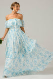 White Blue Flower A Line Pleated Convertible Floral Bridesmaid Dress