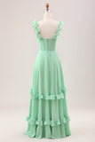 Spaghetti Straps Green Corset A Line Long Bridesmaid Dress