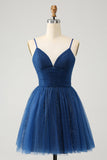 Navy A Line Spaghetti Straps Tulle Lace Up Back Prom Dress