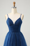 Navy A Line Spaghetti Straps Tulle Lace Up Back Prom Dress