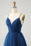 Navy A Line Spaghetti Straps Tulle Lace Up Back Prom Dress