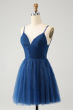 Navy A Line Spaghetti Straps Tulle Lace Up Back Prom Dress