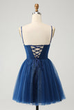 Navy A Line Spaghetti Straps Tulle Lace Up Back Prom Dress