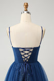 Navy A Line Spaghetti Straps Tulle Lace Up Back Prom Dress