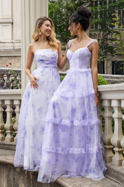 Lavender Spaghetti Straps Pleated A Line Floral Bridesmaid Dress with Slit