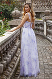 Lavender Spaghetti Straps Pleated A Line Floral Bridesmaid Dress with Slit