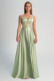 Green Spaghetti Straps A-Line Bridesmaid Dress with Slit