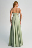 Green Spaghetti Straps A-Line Bridesmaid Dress with Slit