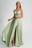 Green Spaghetti Straps A-Line Bridesmaid Dress with Slit