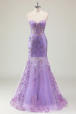 Purple Strapless Corset Sequined Mermaid Prom Dress