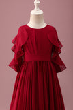 Burgundy A-Line Round Neck Chiffon Half Sleeves Long Junior Bridesmaid Dress